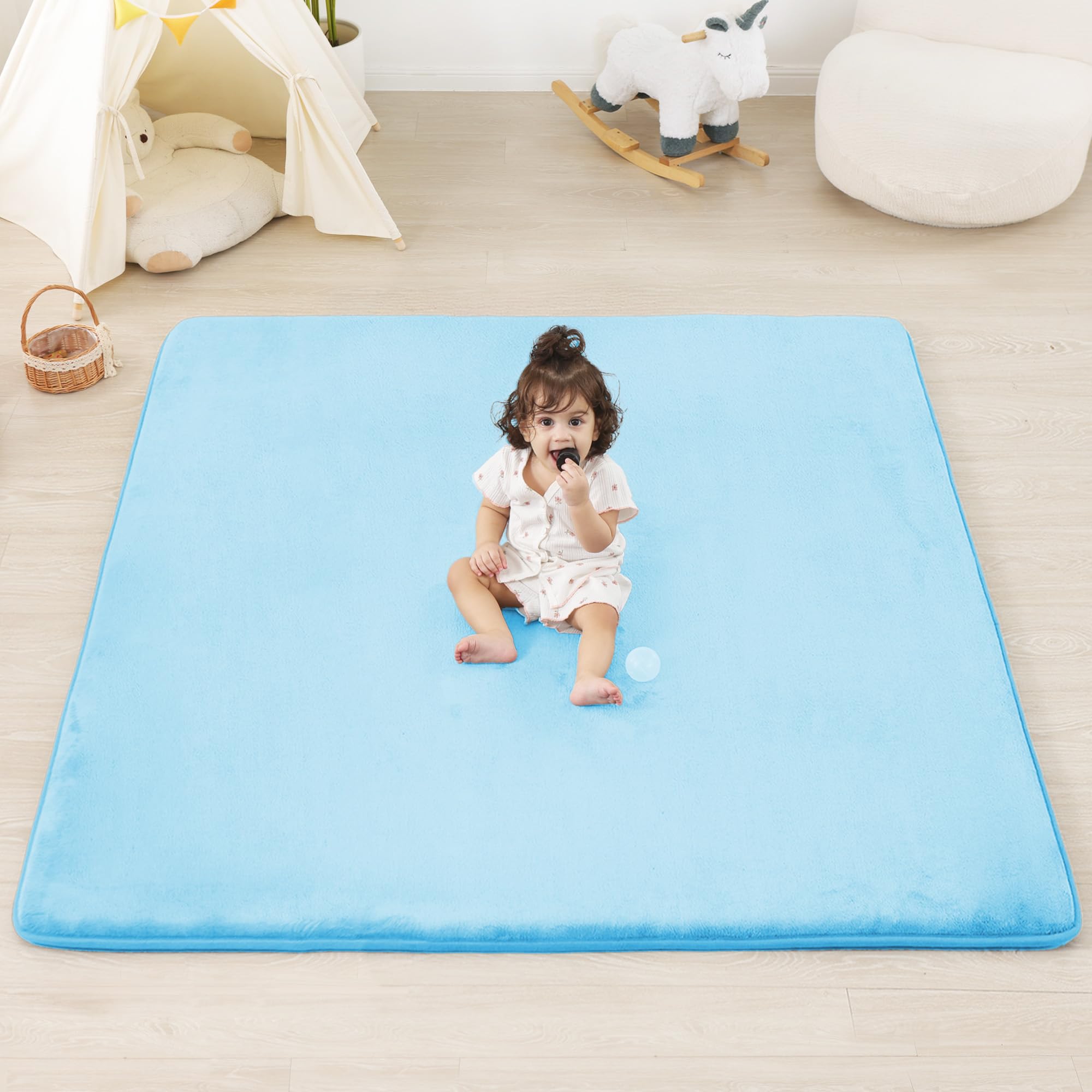 PaPaMat ice-blue plush velvet surface cushions babies during crawling and tummy time