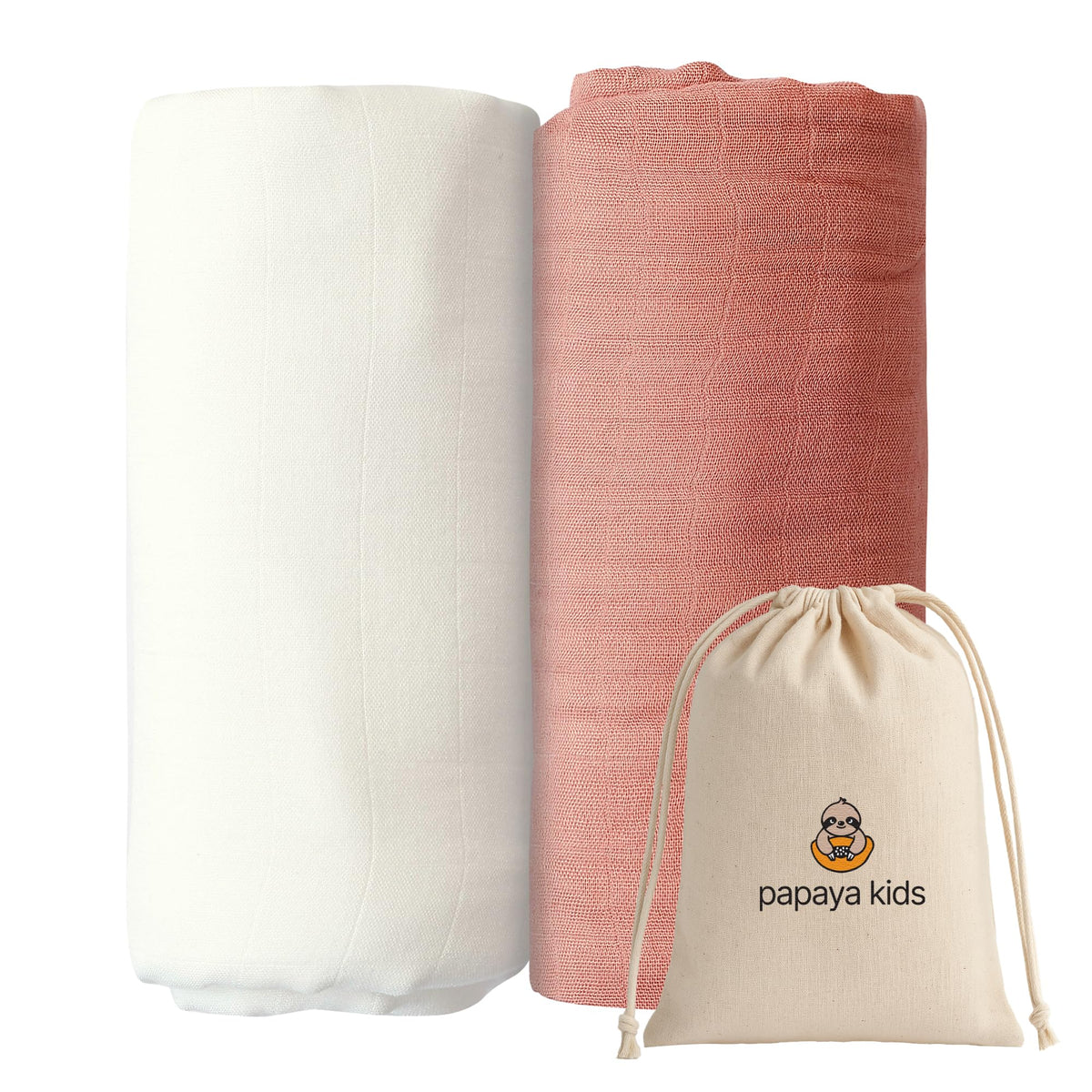 Papaya Kids swaddle blanket pink and white pack front, soft bamboo-cotton blend for gentle sleep.