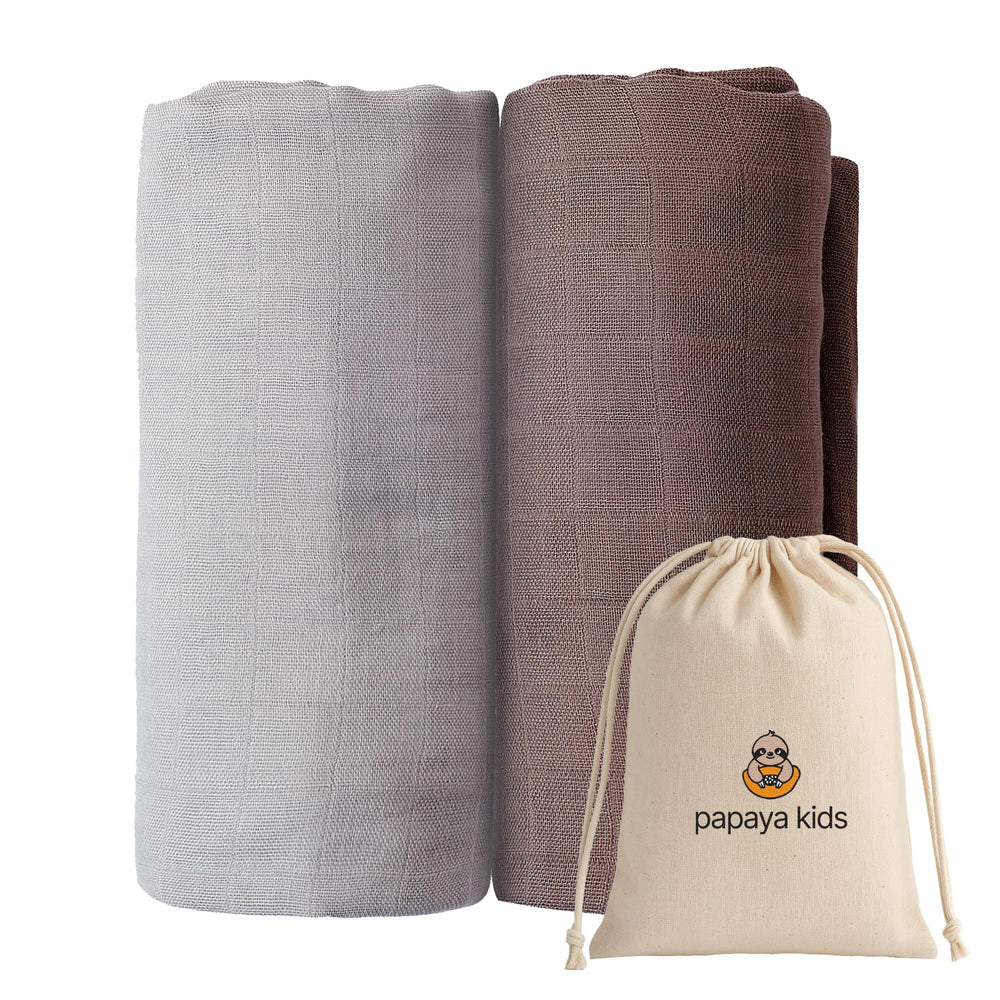 Papaya Kids swaddle light blue brown 47x43 in, breathable bamboo-cotton fabric.