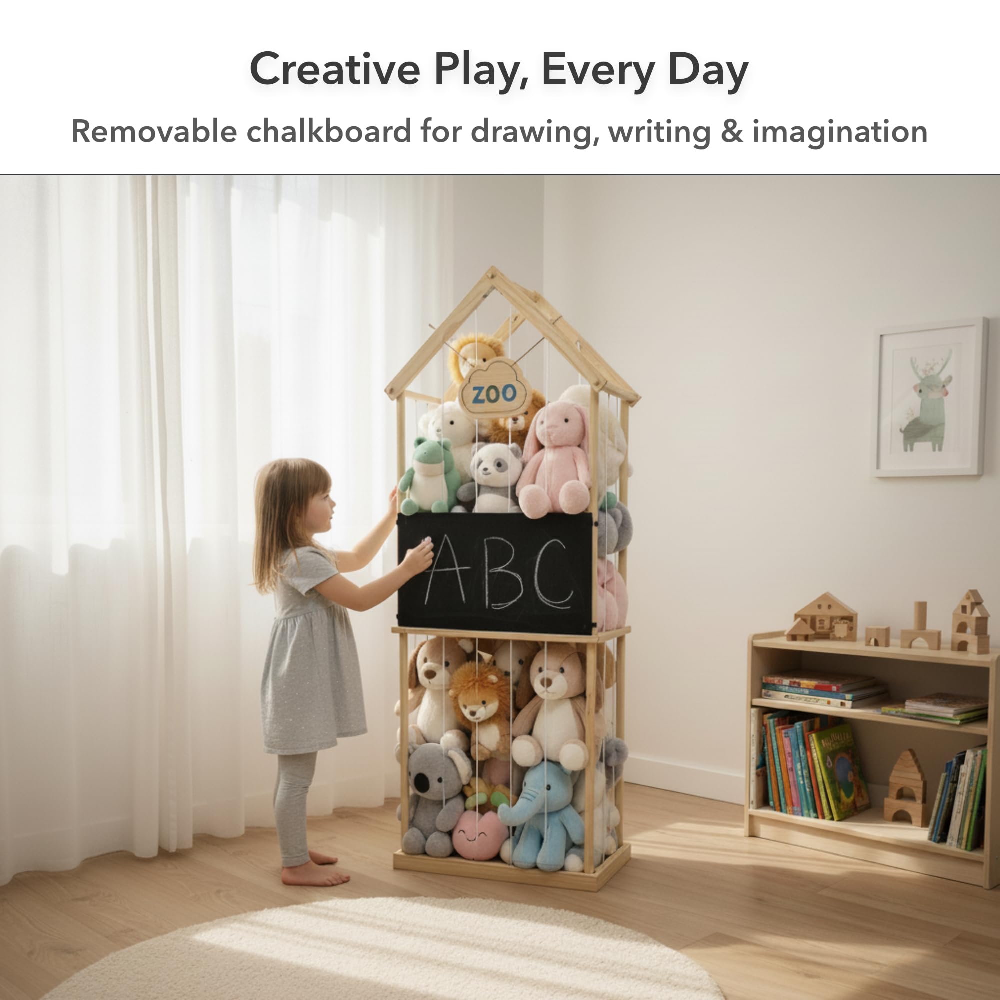 Paquber kid room organizer on display promotes easy access to plush friends.