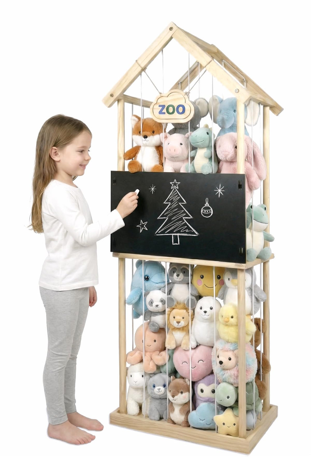 Paquber stuffed animal storage zoo shows roomy pine wood shelves for tidy playroom organization.