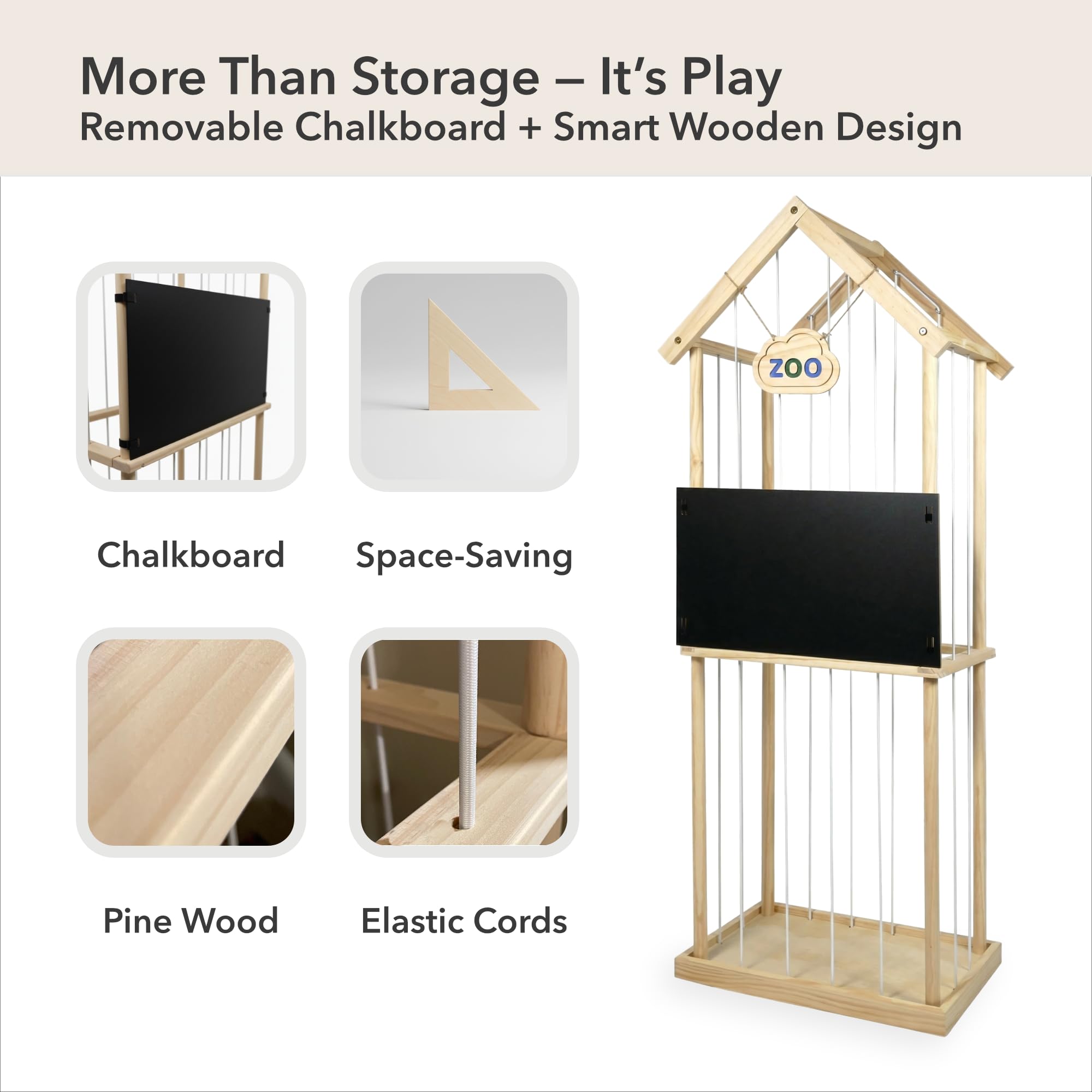 Paquber wooden toy organizer with a chalkboard supports creative play and easy animal labeling.
