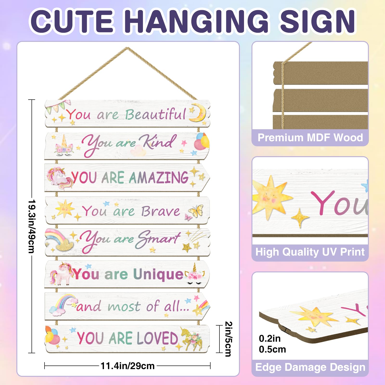 Paquesta girl room wood sign wall art with hemp string for easy, no-install hanging.