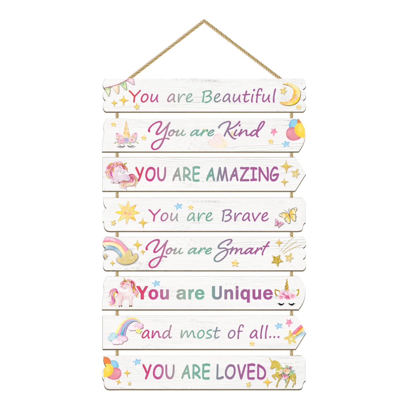 Paquesta Unicorn wall decor set of 8 pieces brightens a girl's room with uplifting messages.
