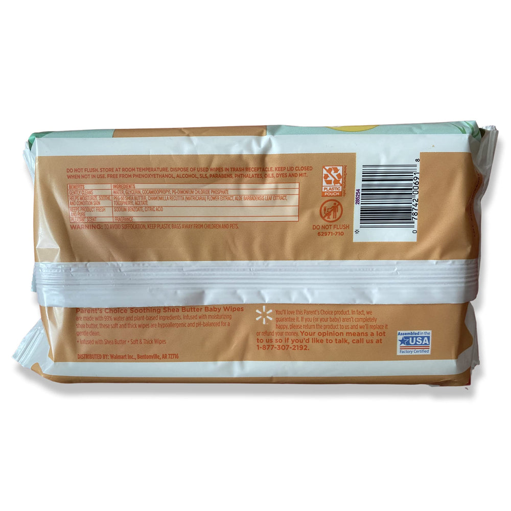 Parent's Choice Baby Wipes Gentle Moisturizing Formula for quick cleanups.