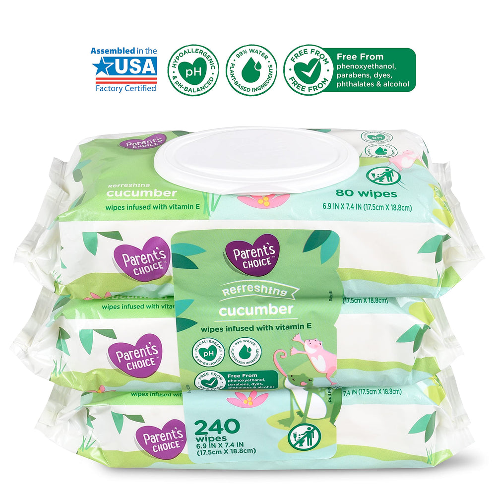 Parent's Choice cucumber-scent wipes with flip-top lid preserving moisture