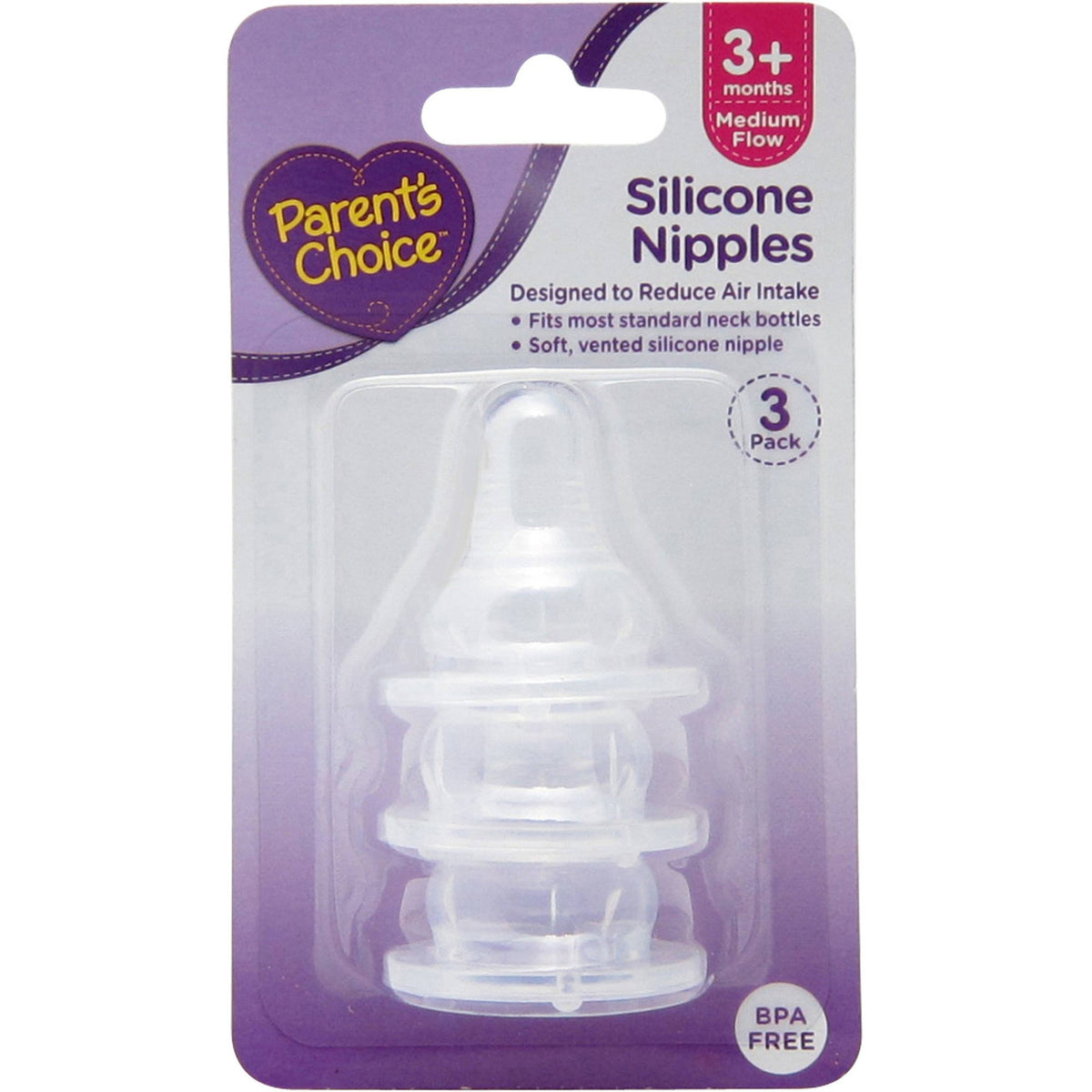 Parent's Choice silicone nipple with medium flow for 3+ months, BPA-free, comfortable feeding.