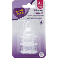 Parent's Choice silicone nipple with medium flow for 3+ months, BPA-free, comfortable feeding.