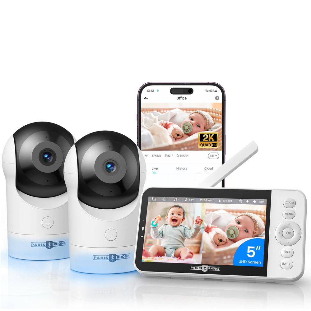 PARIS RHÔNE 2K split-screen dual-camera view for monitoring twins or two rooms.