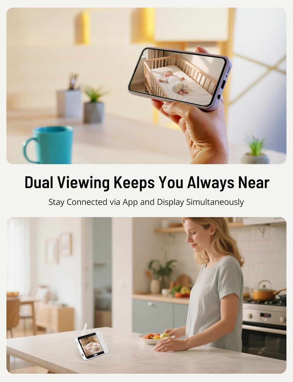 PARIS RHÔNE 5-inch monitor shows baby video on a bright LCD screen for effortless at-a-glance monitoring.