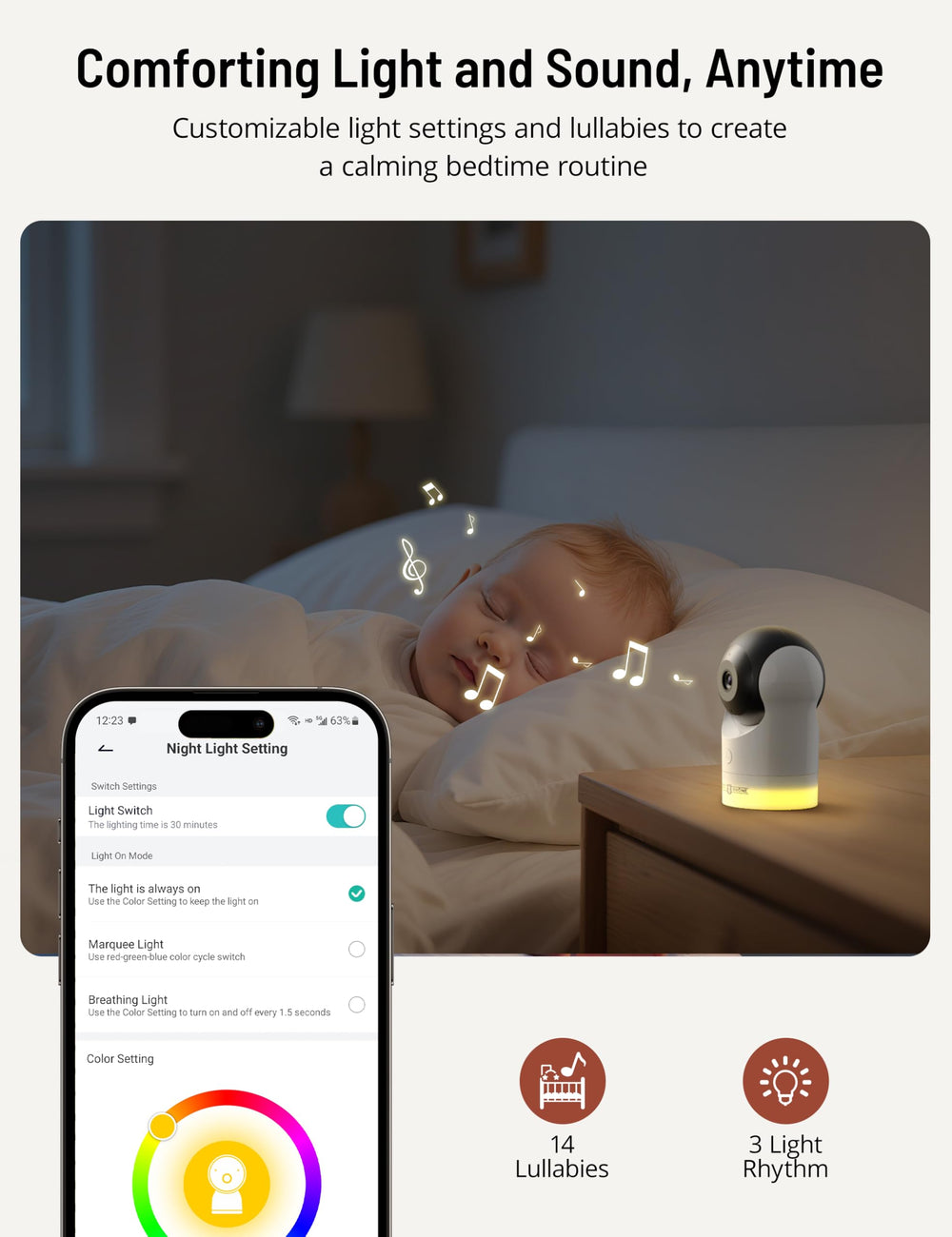PARIS RHÔNE RGB night light creates a soothing nursery glow.
