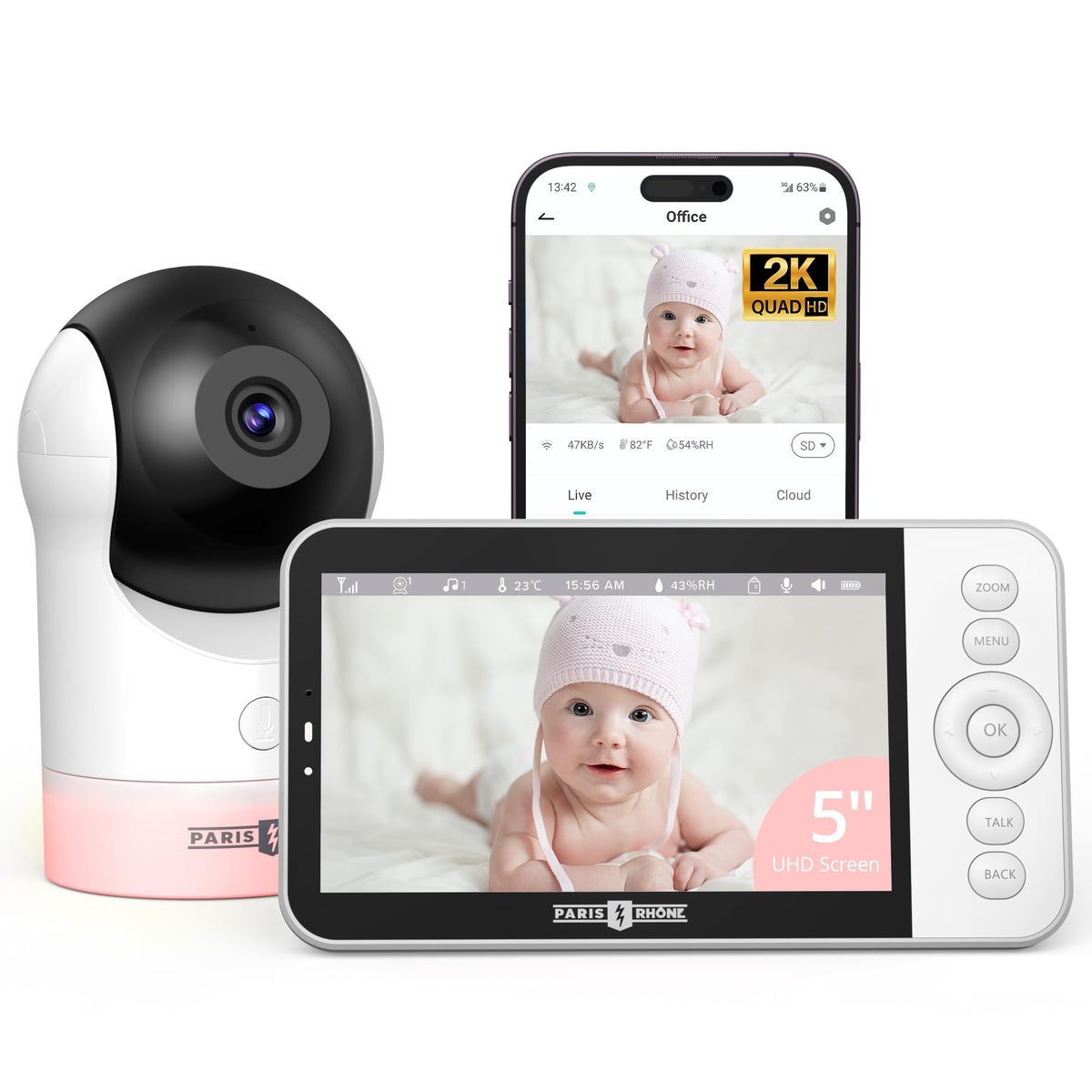 PARIS RHÔNE Video Baby Monitor 2K UHD camera provides clear real-time baby view.