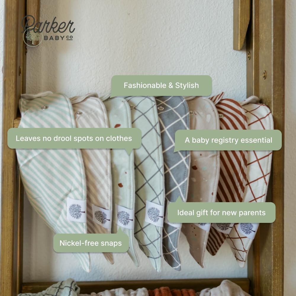 Eight-pack Parker Baby Bandana Drool Bibs in varied colors and patterns for easy outfit pairing.