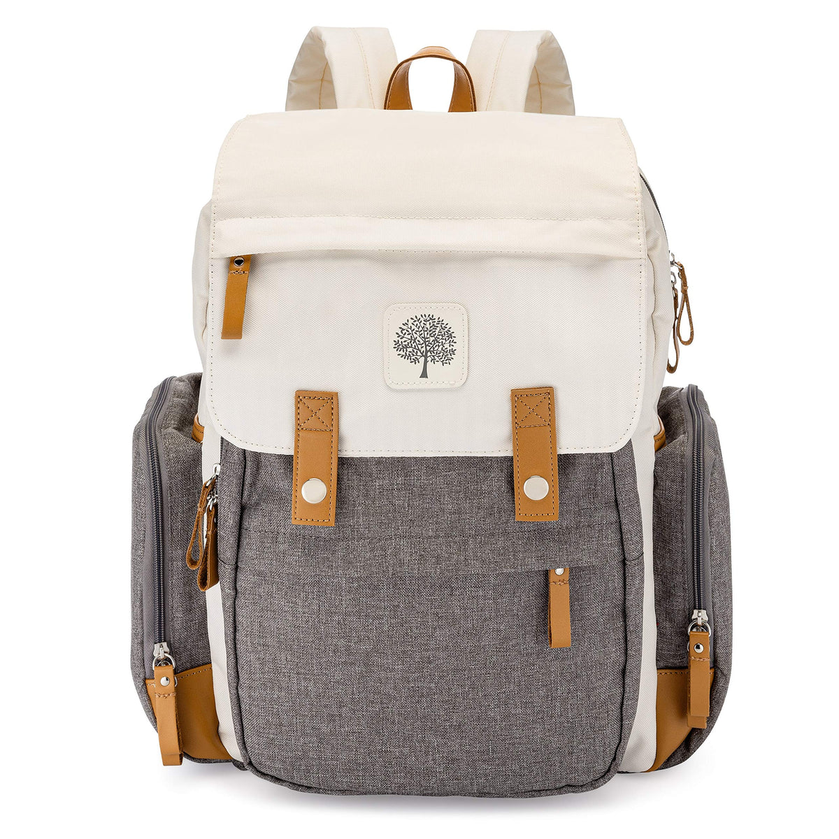 Parker Baby Co. Birch Bag Cream front view with organized compartments.
