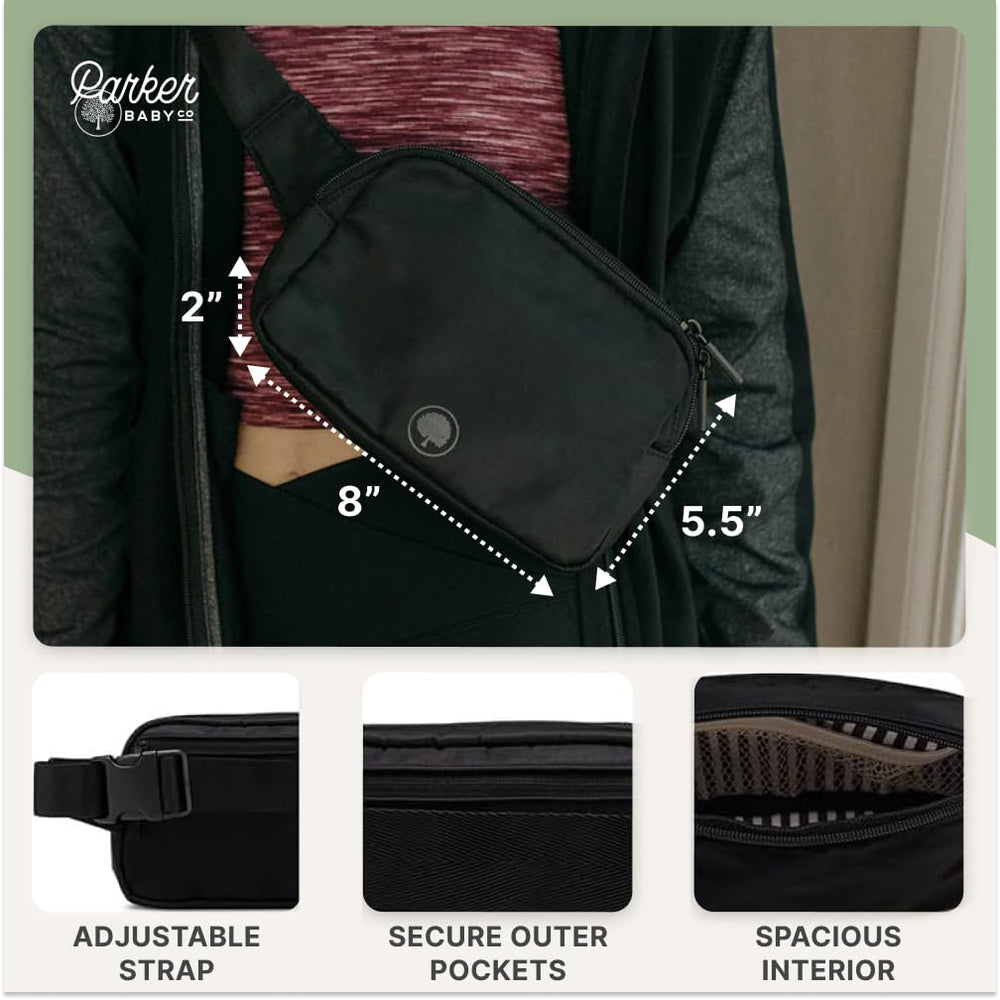 Parker Baby Co Birch Belt Bag back pocket keeps valuables secure during outings.