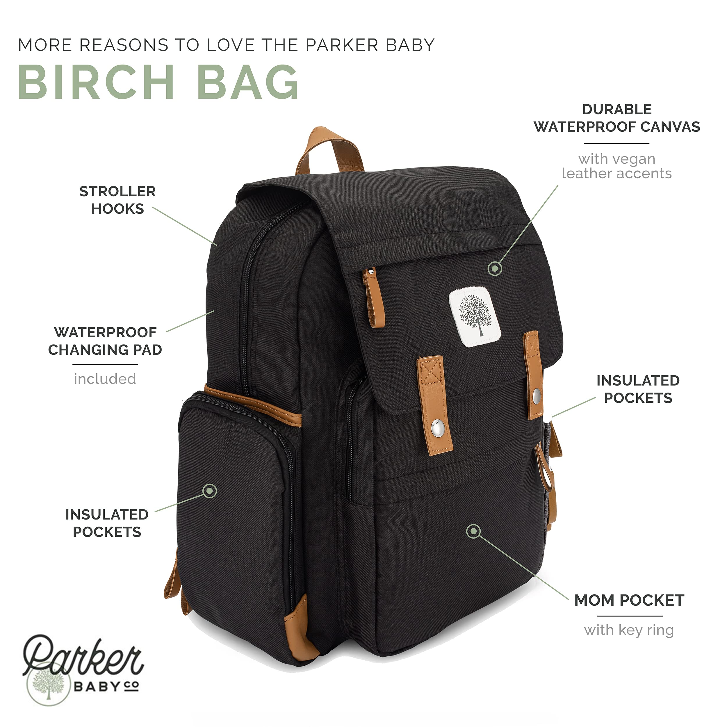 Parker Baby Co. diaper backpack with stroller straps for hands-free on-the-go diaper changes.