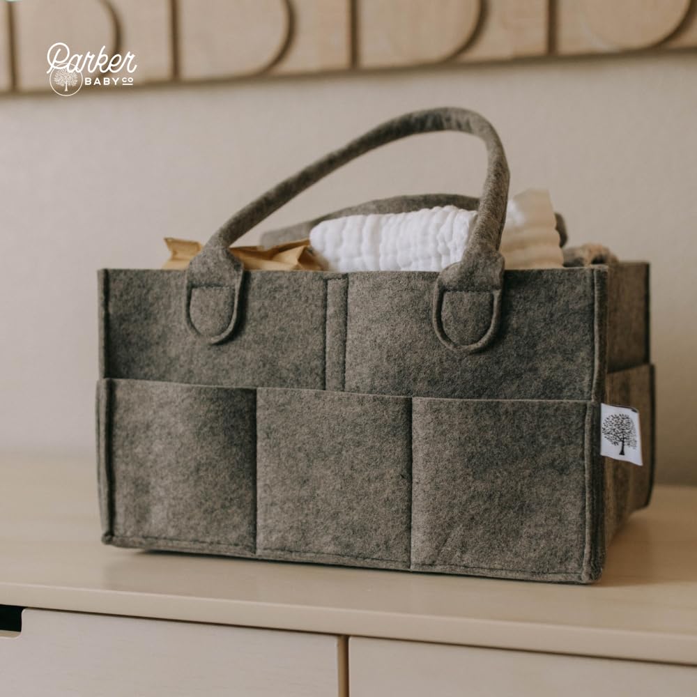 Parker Baby Co. Charcoal design with sturdy pockets holds diapers and wipes handy.