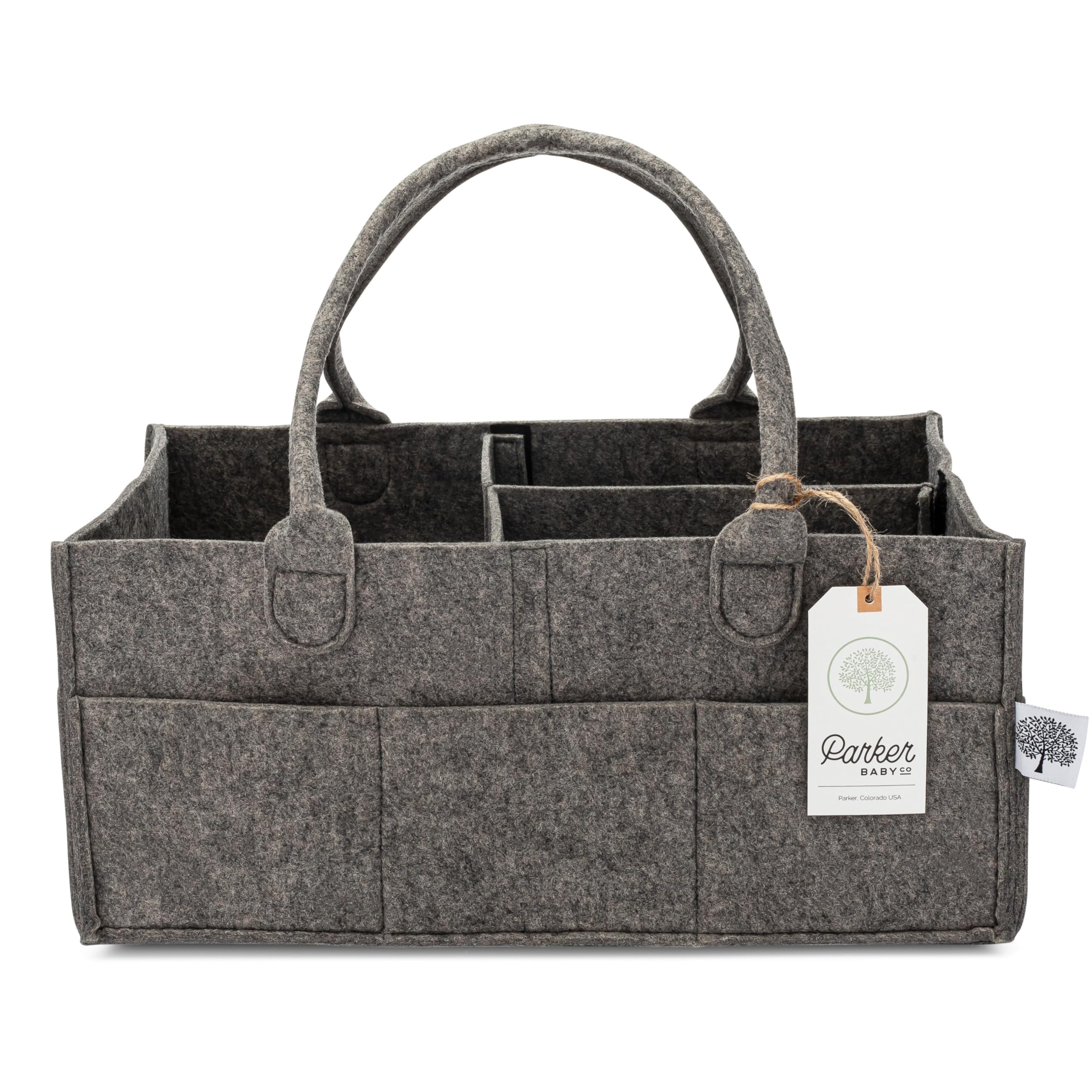 Parker Baby Co. Diaper Caddy in charcoal front view keeps diapers and wipes within reach.