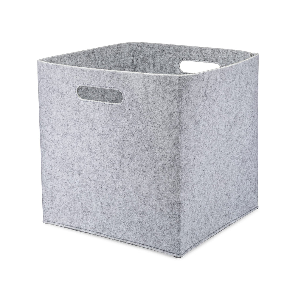 Parker Baby Co. 11-inch gray felt cube on shelf; ideal for toy organization.