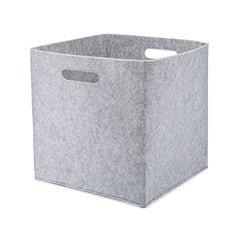 Parker Baby Co. 11-inch gray felt cube on shelf; ideal for toy organization.
