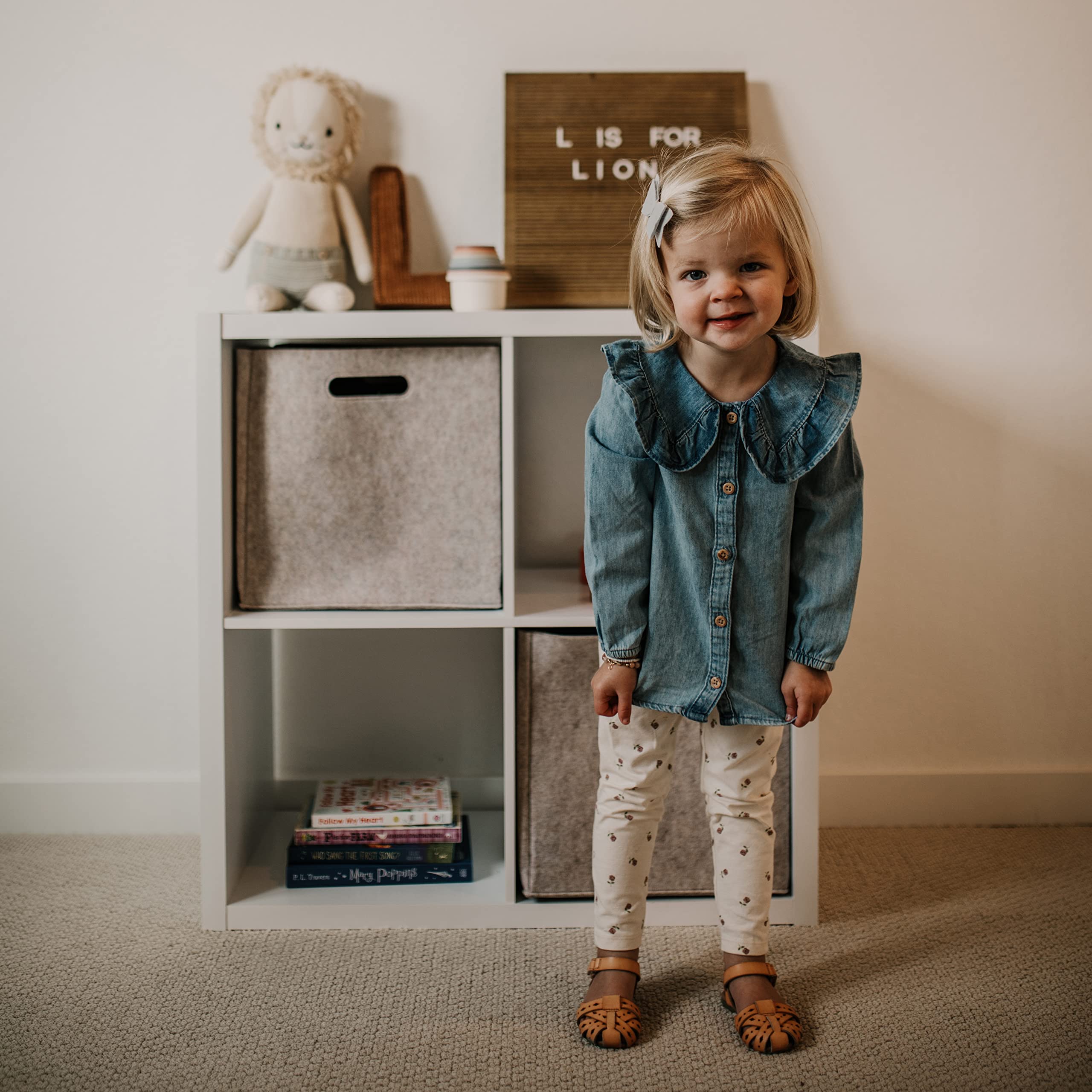 Parker Baby Co oatmeal cube on shelf, neat fit within standard cube organizers