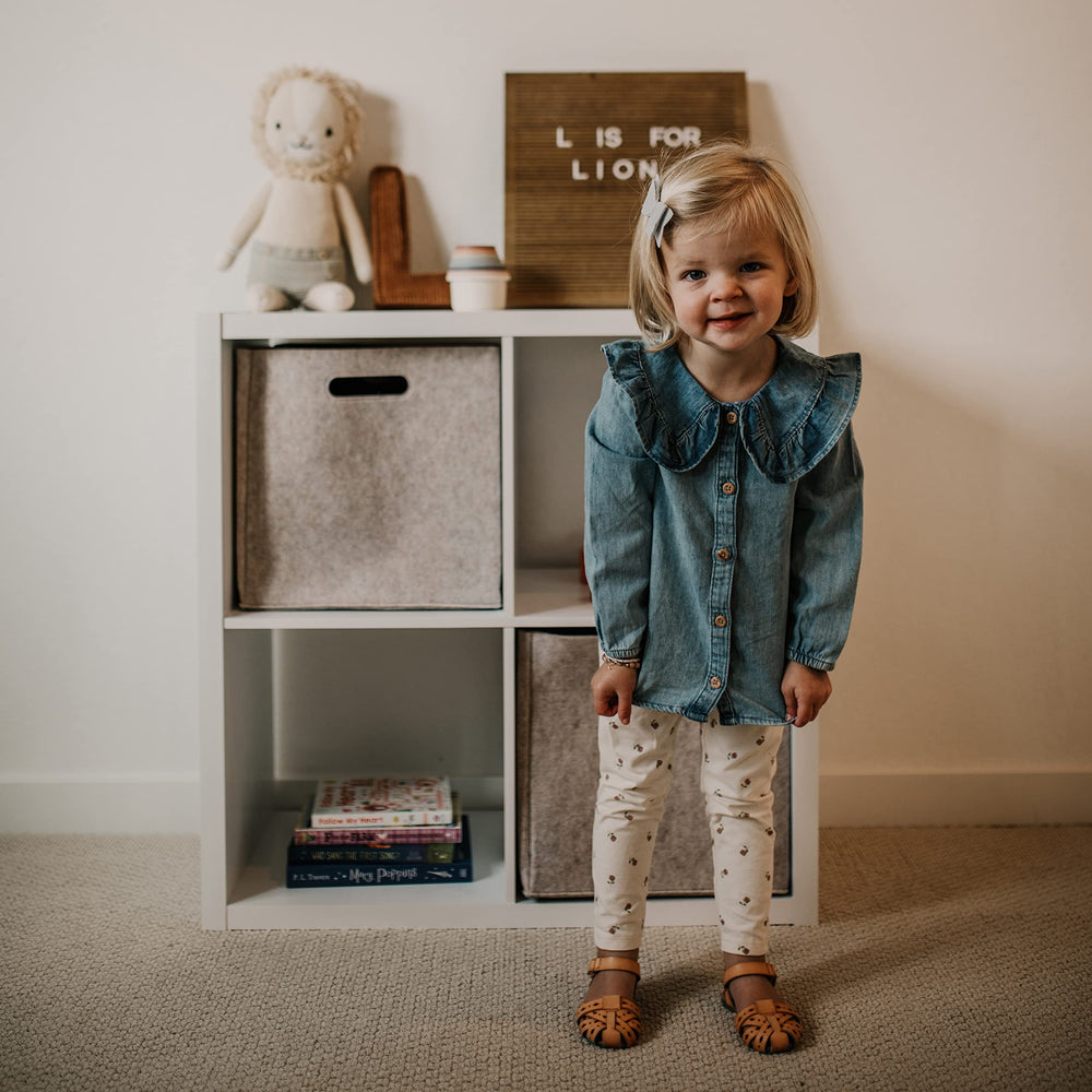 Parker Baby Co oatmeal cube on shelf, neat fit within standard cube organizers