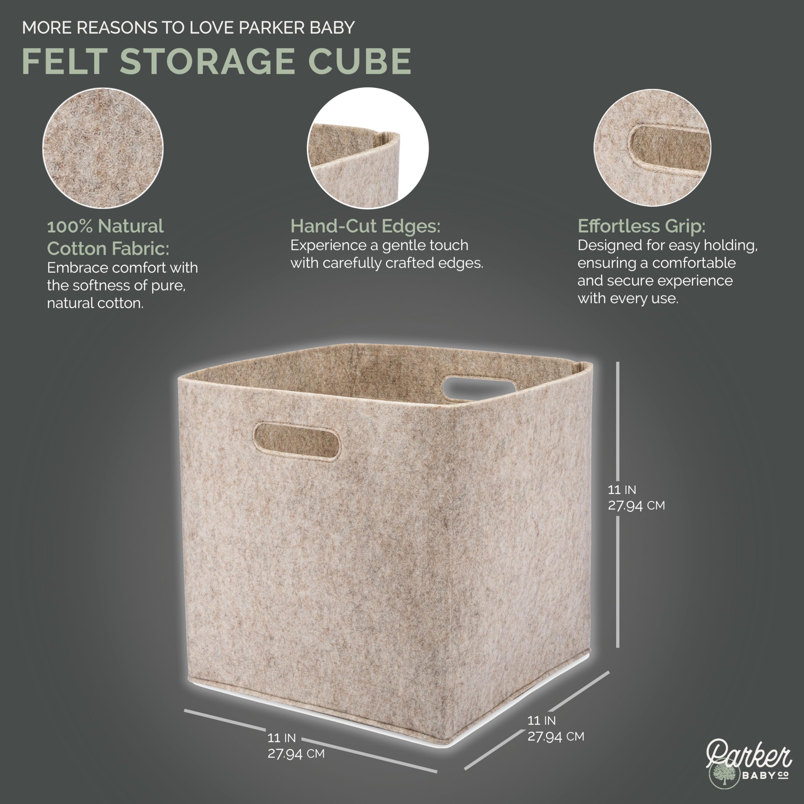 Parker Baby Co oatmeal storage cube side view highlighting soft felt and sturdy build
