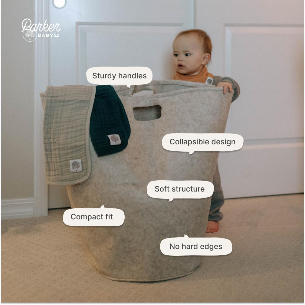 Parker Baby Co. sturdy handles in white, easy transport between nursery and laundry.