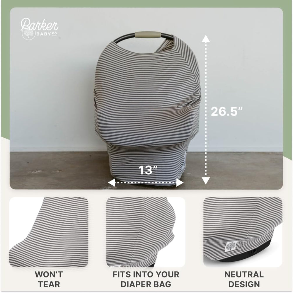 Parker Baby Co high chair cover in pewter snow stripes provides clean dining surface
