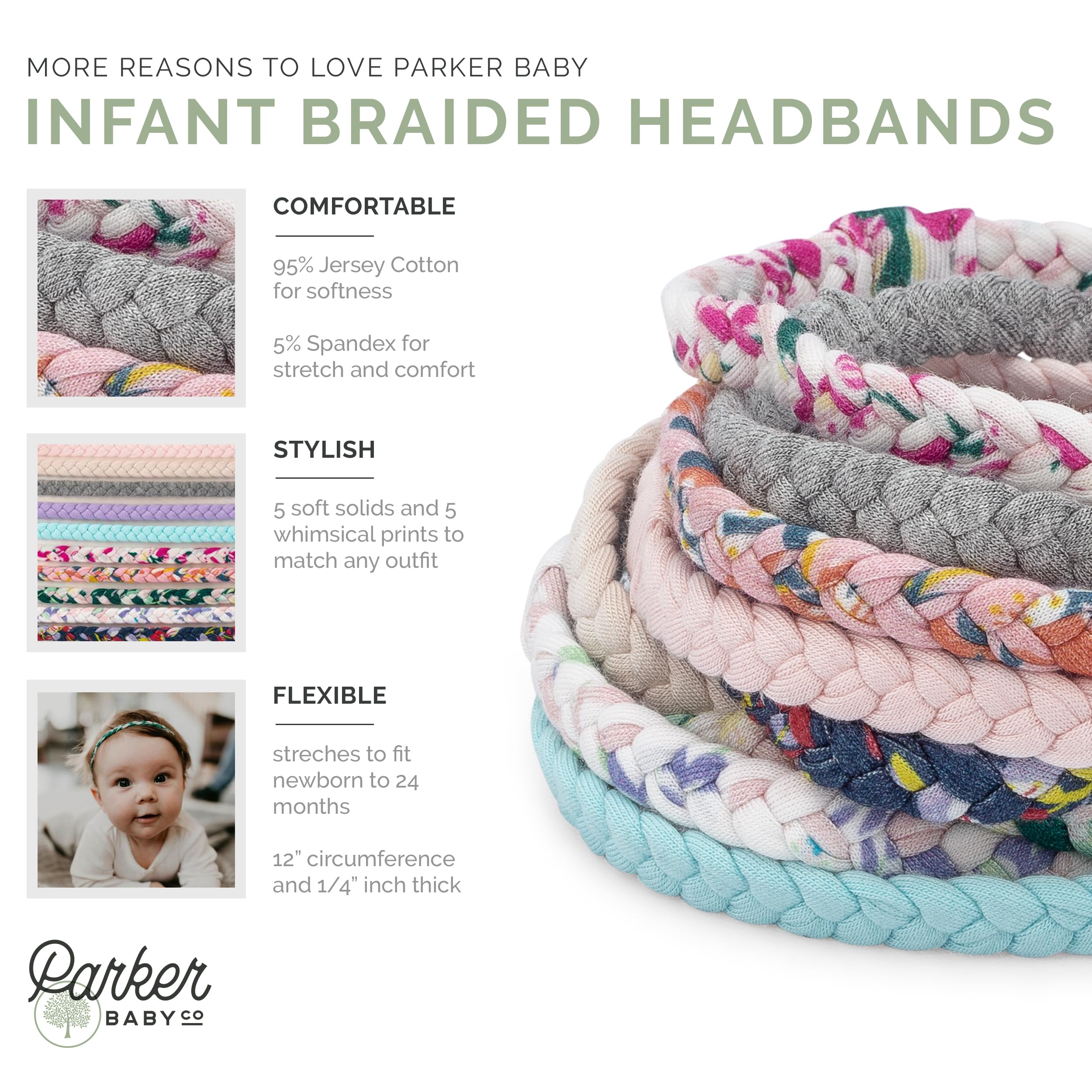 Parker Baby Co. Wildflower headbands, quick on, secure fit during play.