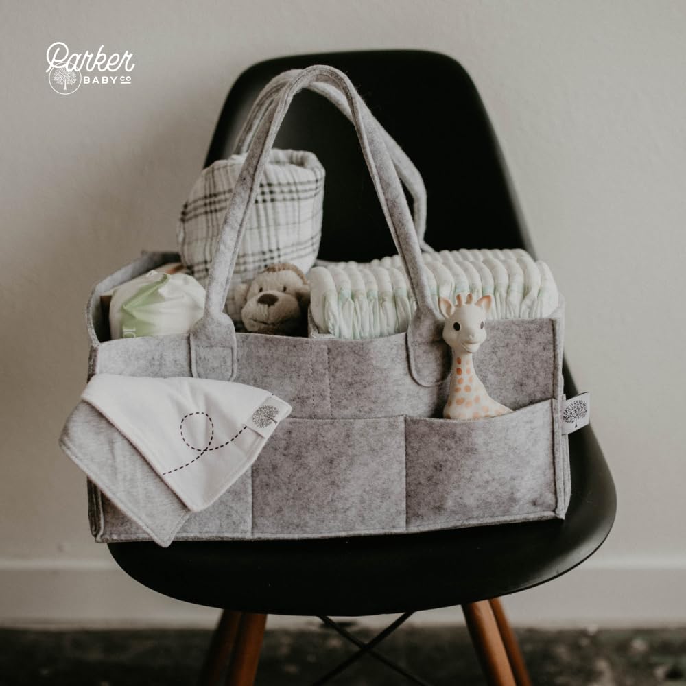 Parker Baby Diaper Caddy beside the changing table for bedside access.
