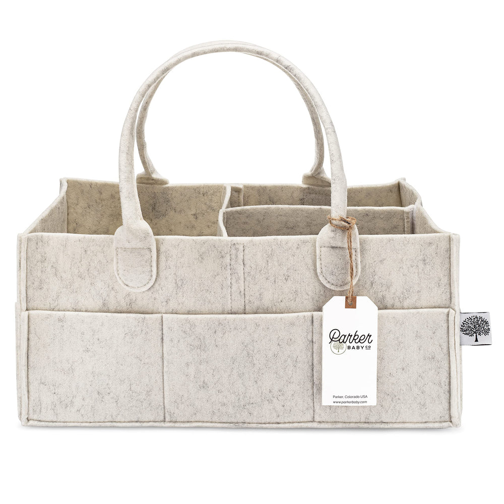 Parker Baby Diaper Caddy shows nursery storage with diapers and wipes within easy reach