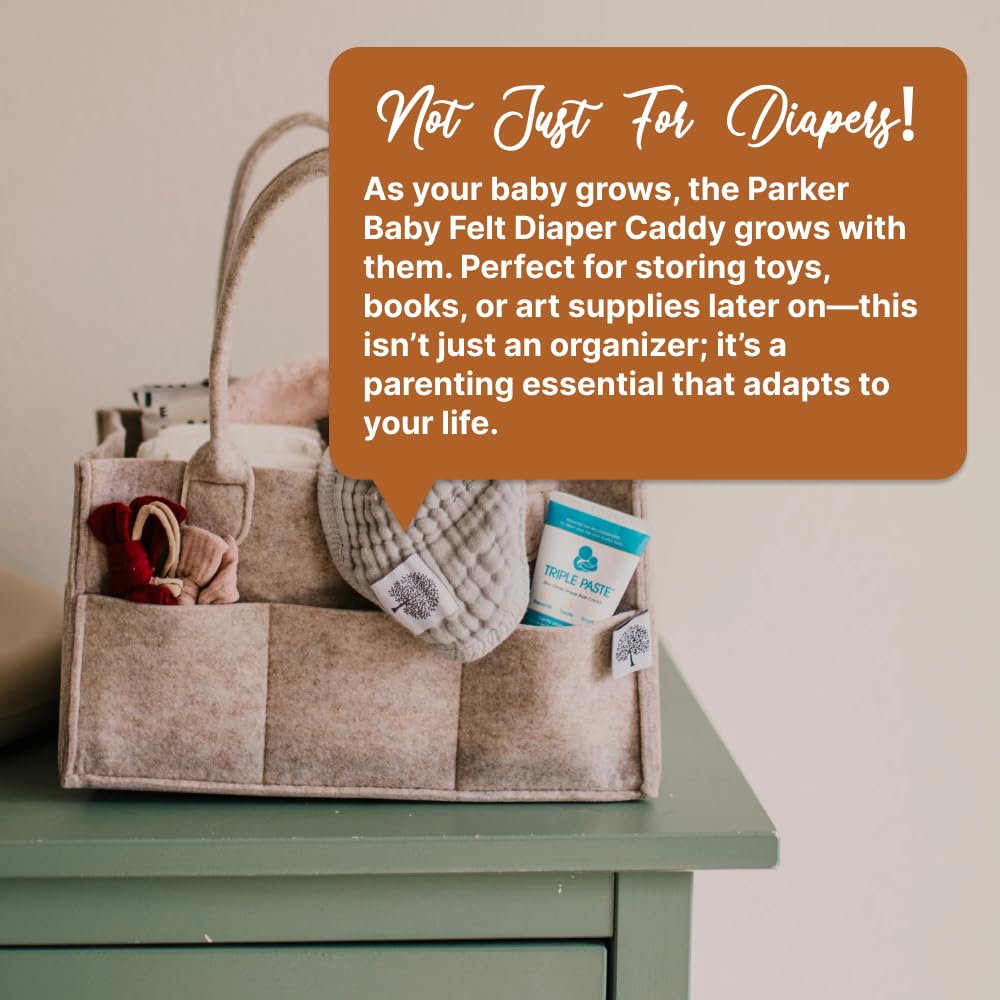 Parker Baby Co. changing-table setup keeps essentials within reach.
