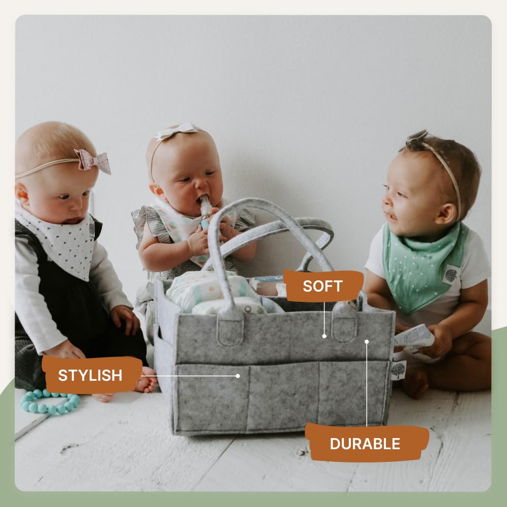 Outer pockets on Parker Baby Diaper Caddy provide quick-access essentials.