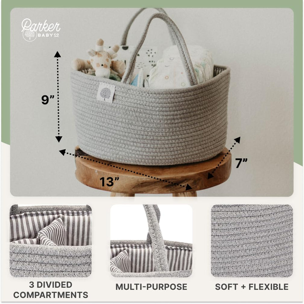 Parker Baby Co. rope diaper caddy gray beside the changing table keeps essentials accessible.
