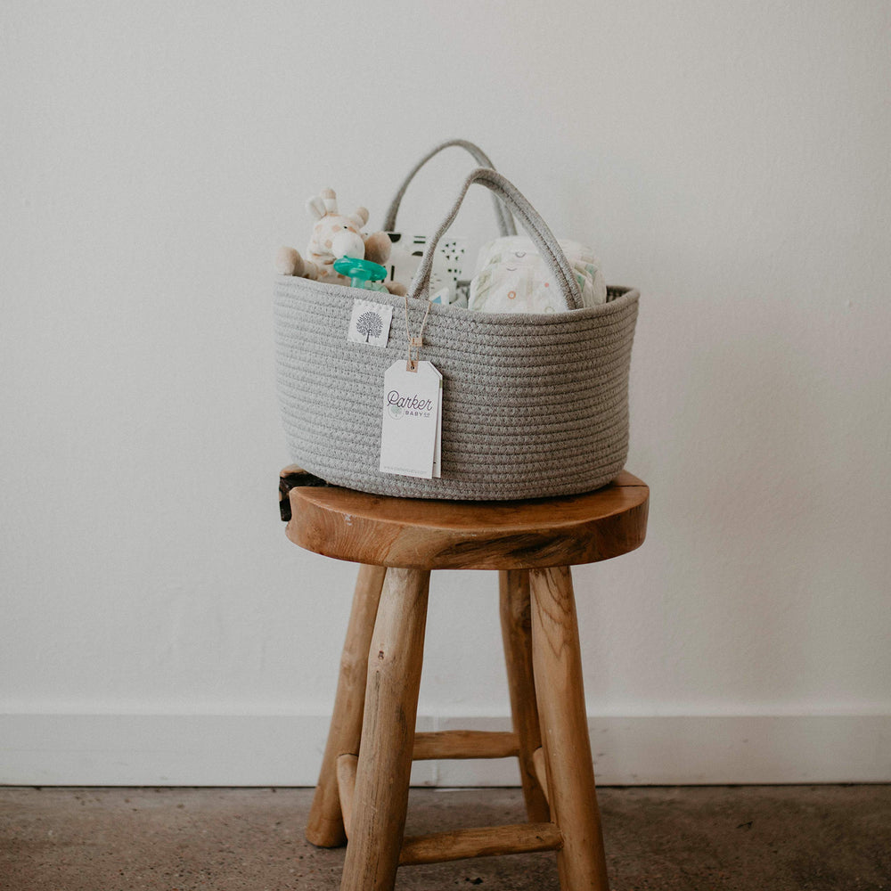 Parker Baby Co. rope diaper caddy gray multi purpose storage for toys and towels.