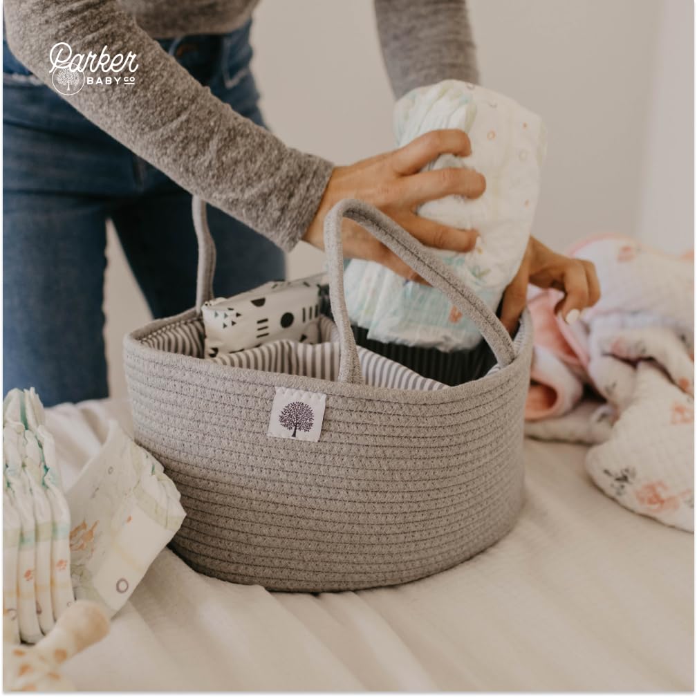 Parker Baby Co. rope diaper caddy gray blends with nursery decor.
