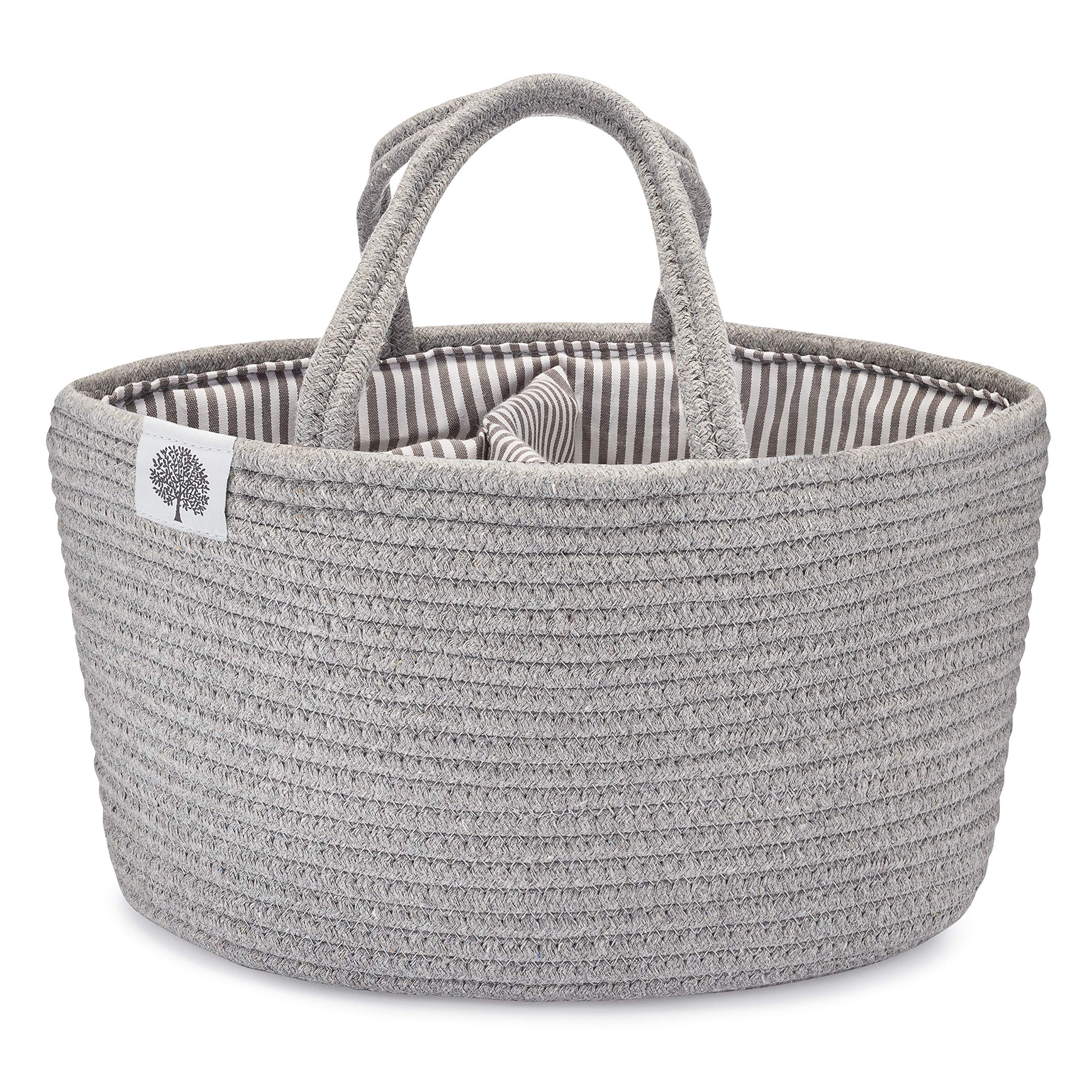 Parker Baby Co. rope diaper caddy gray on changing table keeps diapers and wipes at hand.