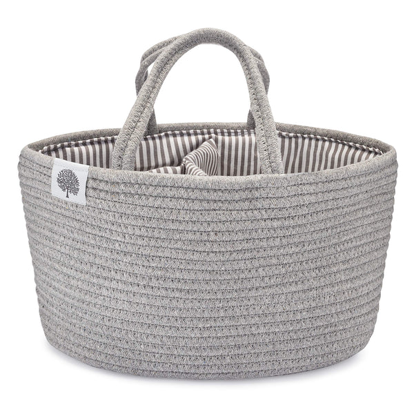 Parker Baby Co. rope diaper caddy gray on changing table keeps diapers and wipes at hand.