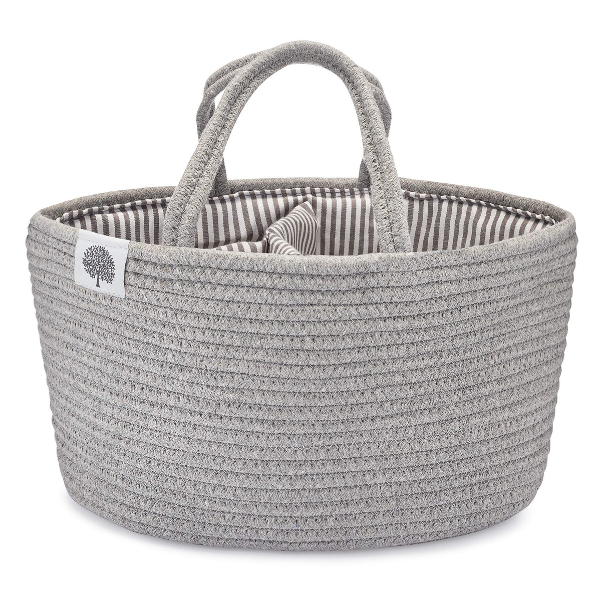Parker Baby Co. rope diaper caddy gray on changing table keeps diapers and wipes at hand.