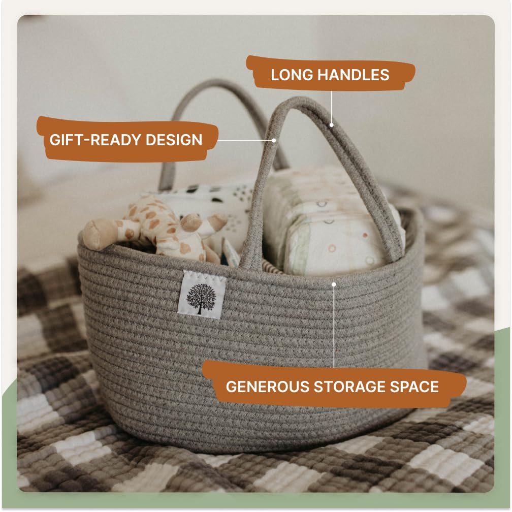 Parker Baby Co. rope diaper caddy gray with diapers ready for changing.