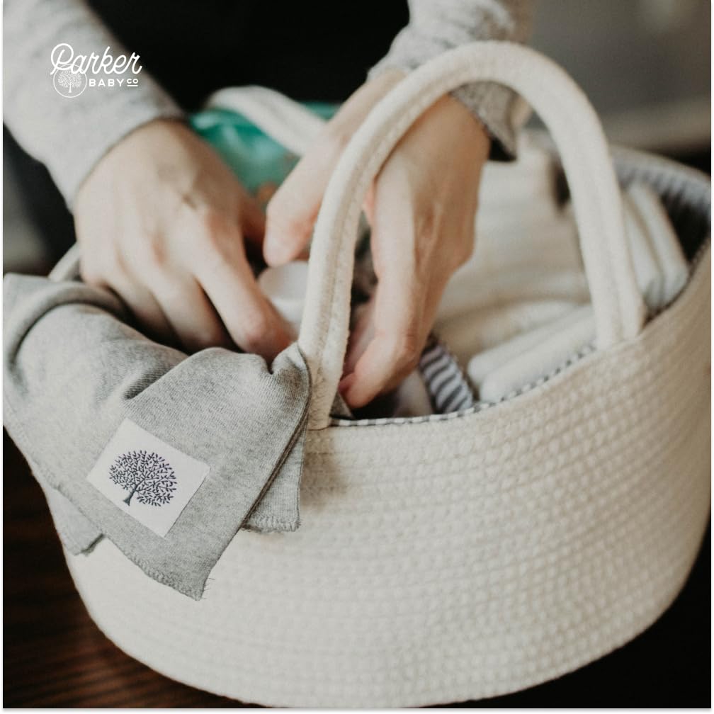 Parker Baby Co. rope diaper caddy handle allows easy transport between rooms.