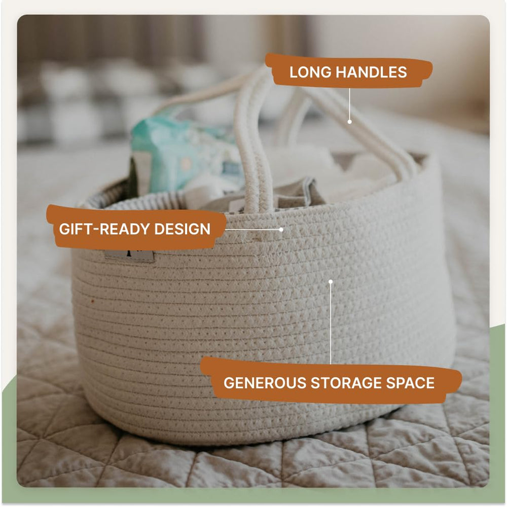 Parker Baby Co. rope diaper caddy in nursery decor doubles as versatile storage.