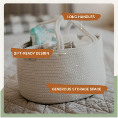 Parker Baby Co. rope diaper caddy in nursery decor doubles as versatile storage.