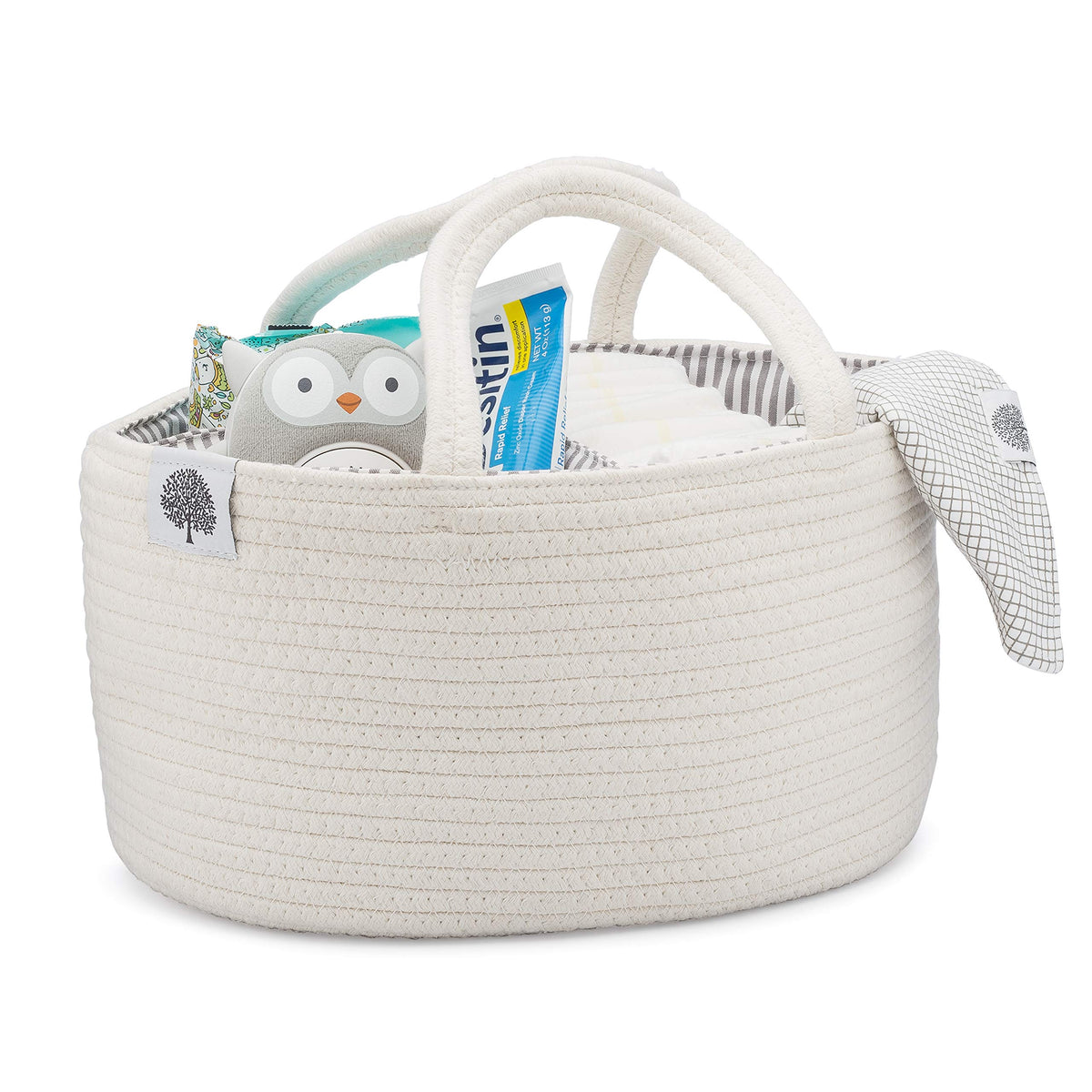 Parker Baby Co. rope diaper caddy main view, organized diaper and wipe storage.