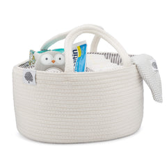 Parker Baby Co. rope diaper caddy main view, organized diaper and wipe storage.