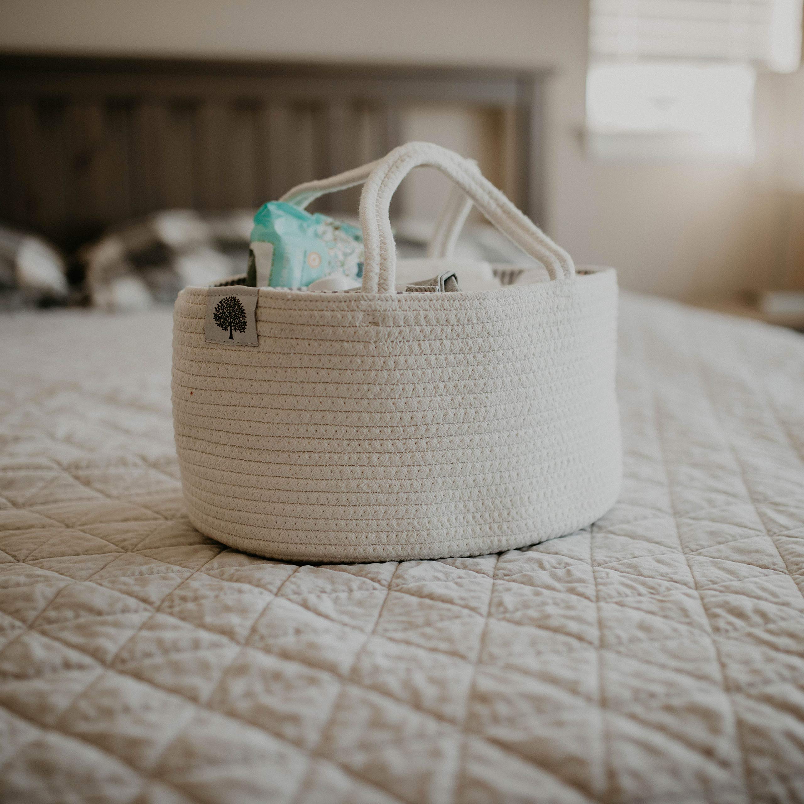 Parker Baby Co. rope diaper caddy neutral colors fit modern nurseries.