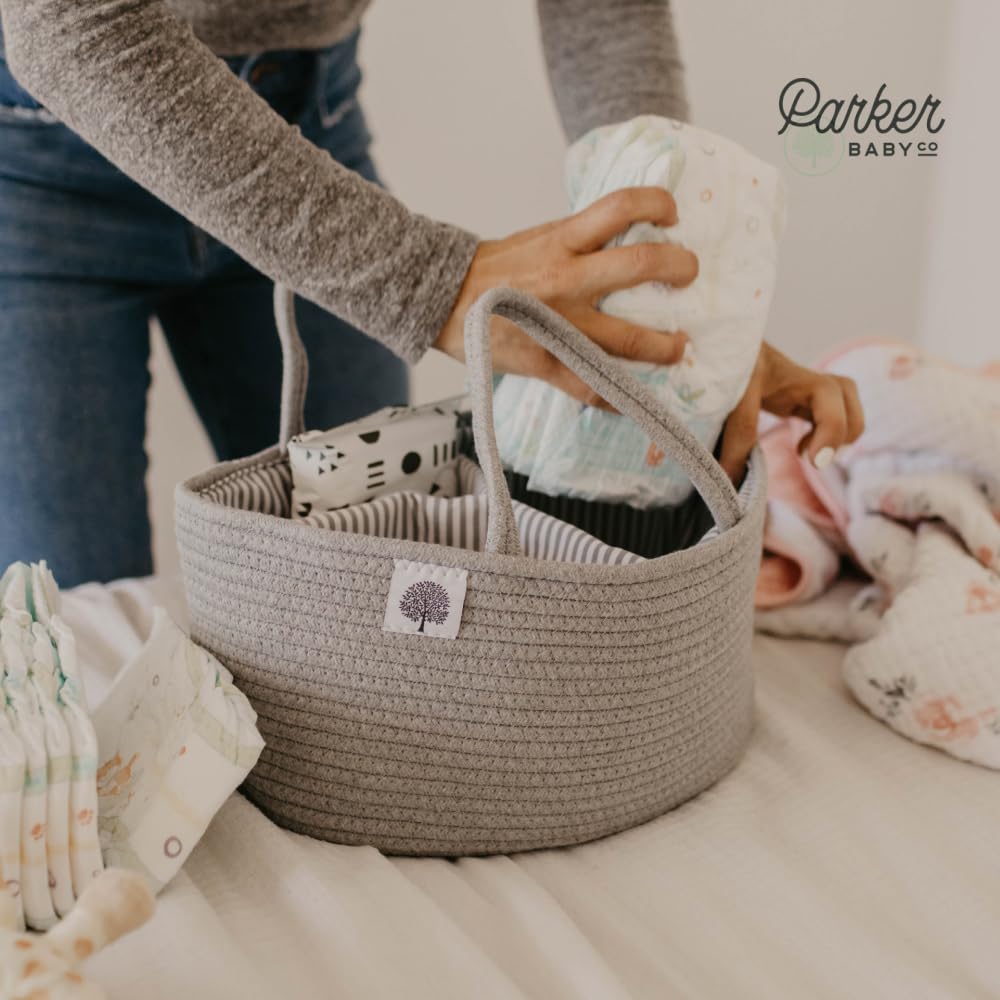 Parker Baby Co. rope diaper caddy ready for quick diaper changes.