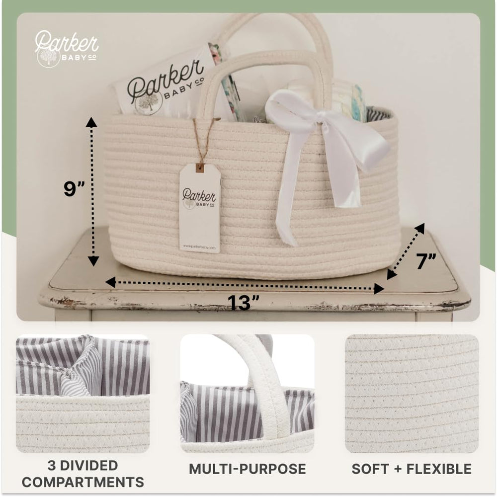 Parker Baby Co. rope diaper caddy with multi compartments sorts diapers, wipes, and small toys.