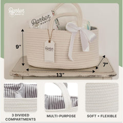 Parker Baby Co. rope diaper caddy with multi compartments sorts diapers, wipes, and small toys.
